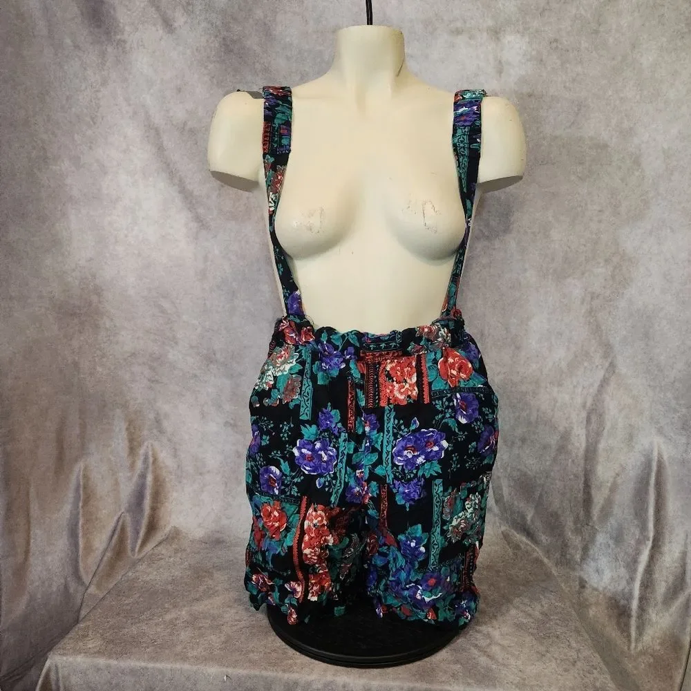 Vintage 80's Cotton Tree‎ Floral Suspender Shorts Size Medium